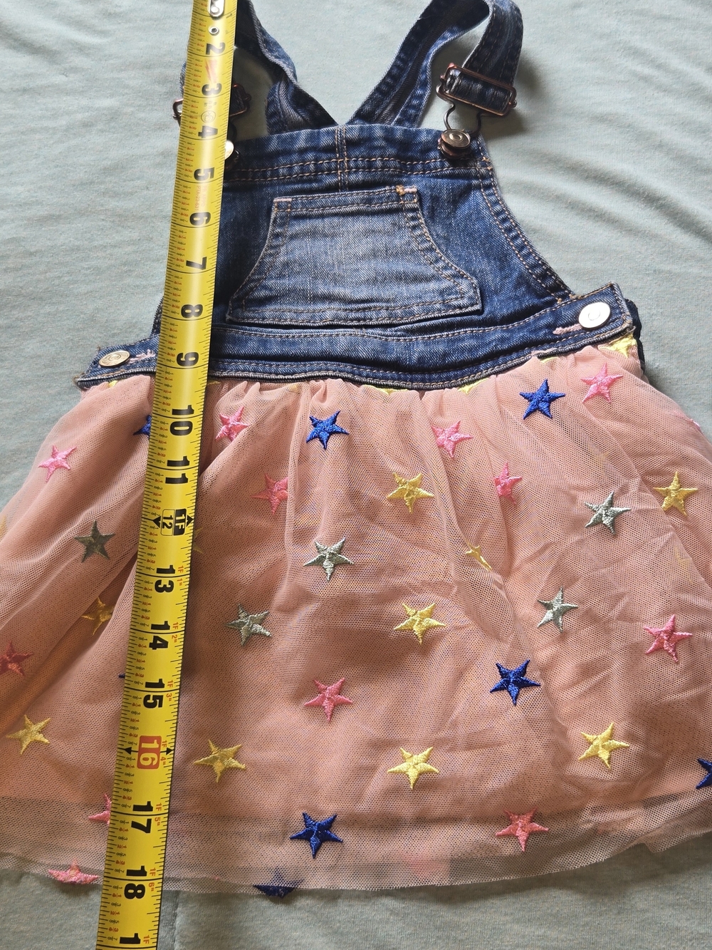 wonder nation Denim Bib Dress with Pink Tulle and Multicolor Star Embroidery